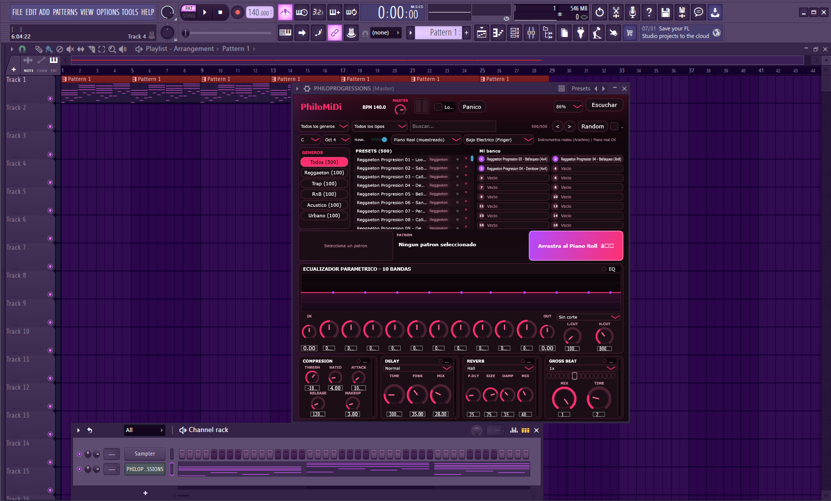 PhiloMiDi funcionando dentro de FL Studio - arrastrá el patrón directo al piano roll